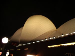 Sails of the Sydney Opera House illuminated at night.