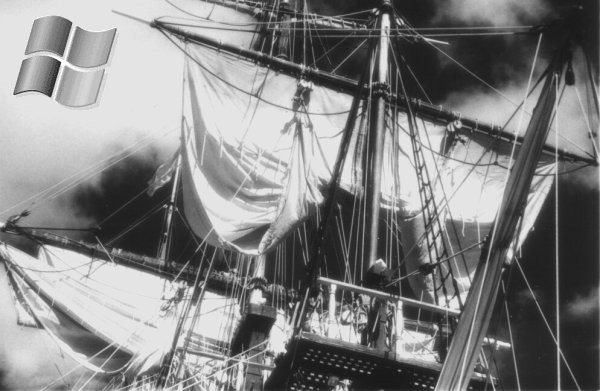 Eye candy. Image of pirate ship with Windows logo.