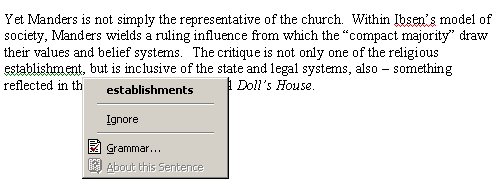A screenshot of Word trying to replace 'religious establishment' with 'religious establishments'