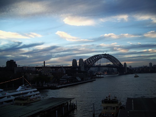 Shot of Sydney Harbour Bridge from city side, above Circular Quay