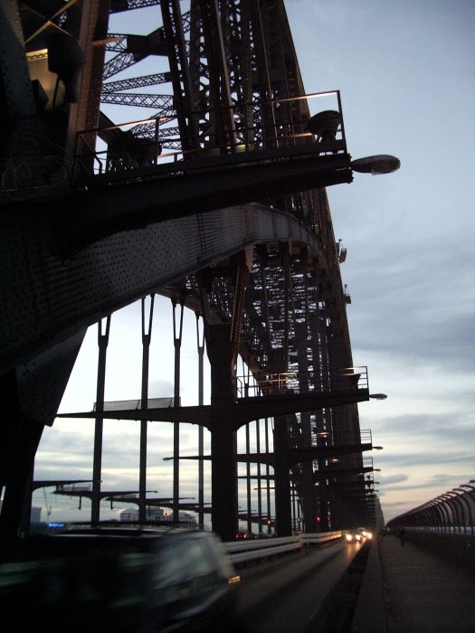 Shot of Sydney Harbour Bridge from under arch looking towards centre