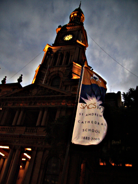 Sydney Town Hall, with St. Andrew's 120th flag in foreground