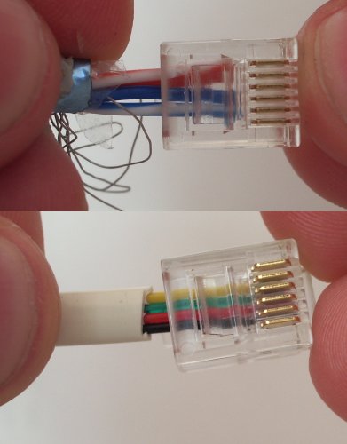 Comparison of standard and super STP cable inside an RJ11 lug. Note STP does not fit into pin section of lug, whilst standard wire does.