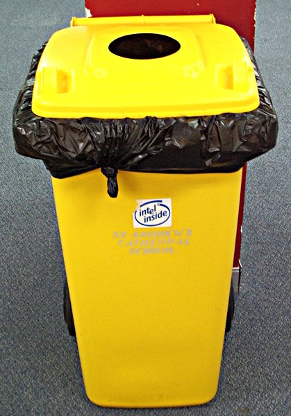 A photo of an Intel Inside sticker proudly displayed on a yellow garbage bin.
