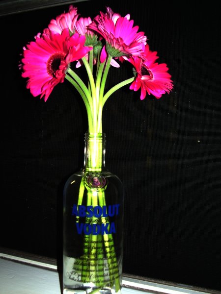 Flowers in a vodka bottle