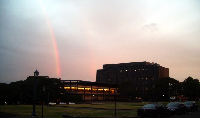 A rainbow finishing above Fisher Library