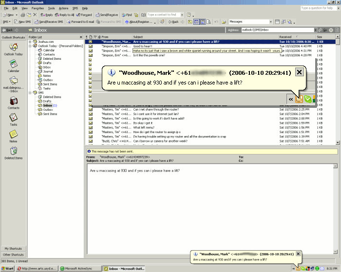 Screenshot: Jeyo Mobile Extender in Outlook 2002 receiving an SMS