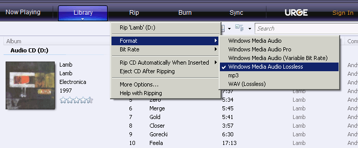 Screenshot: Windows Media Player rip dropdown format options