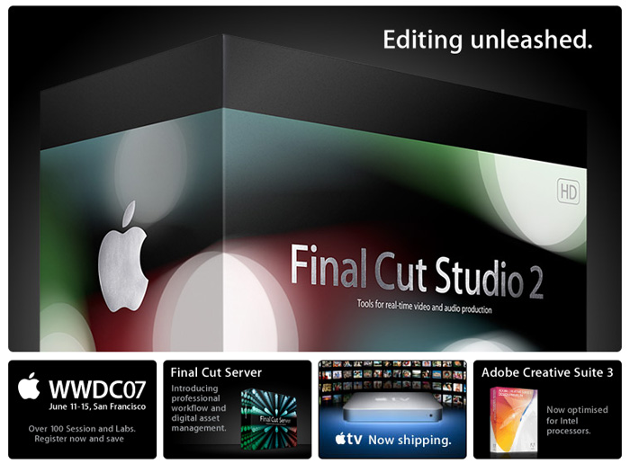 Apple.com featuring Final Cut Studio, new Adobe CS3 for Intel, and Apple TV